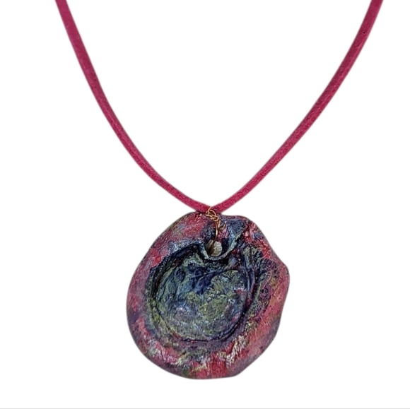 Pink Blue Air Dry Metallic Handcrafted Faux Leather Necklace - Picture 3 of 10